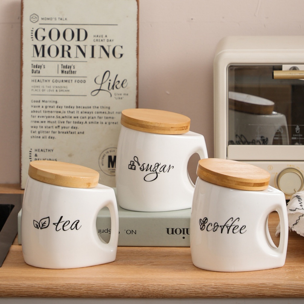 Canister Coffee Sugar Tea - Ceramic Storage Jar with Bamboo Lid